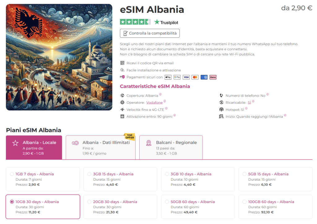 eSIM Albania come avere internet all'estero - prezzi quibity.com