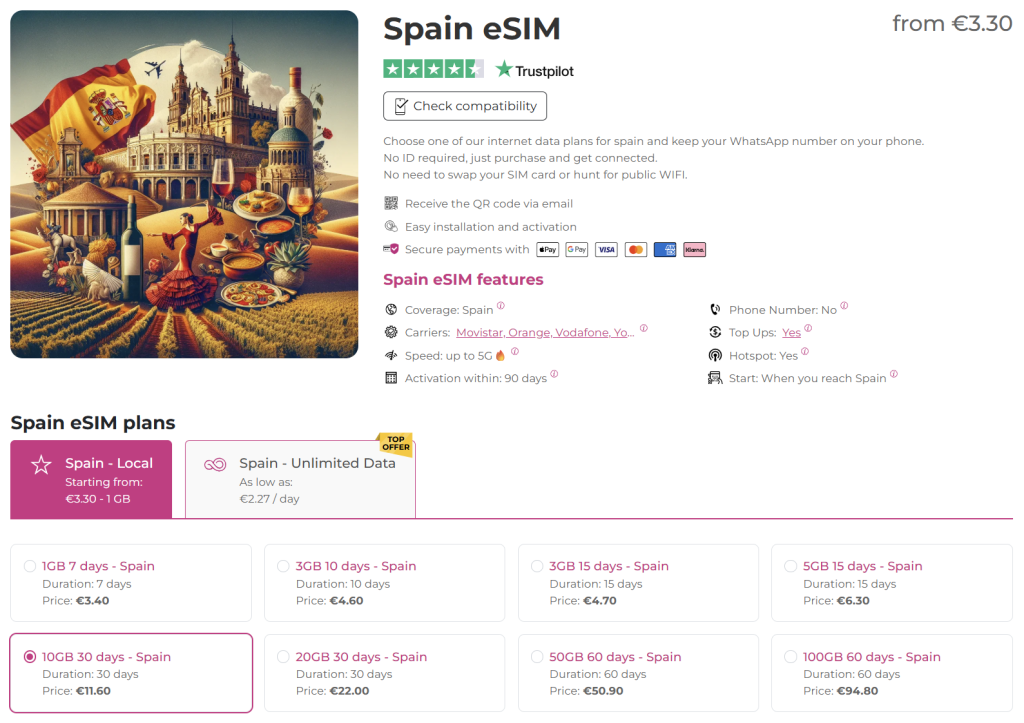 internet in spain with the spain esim of quibity.com